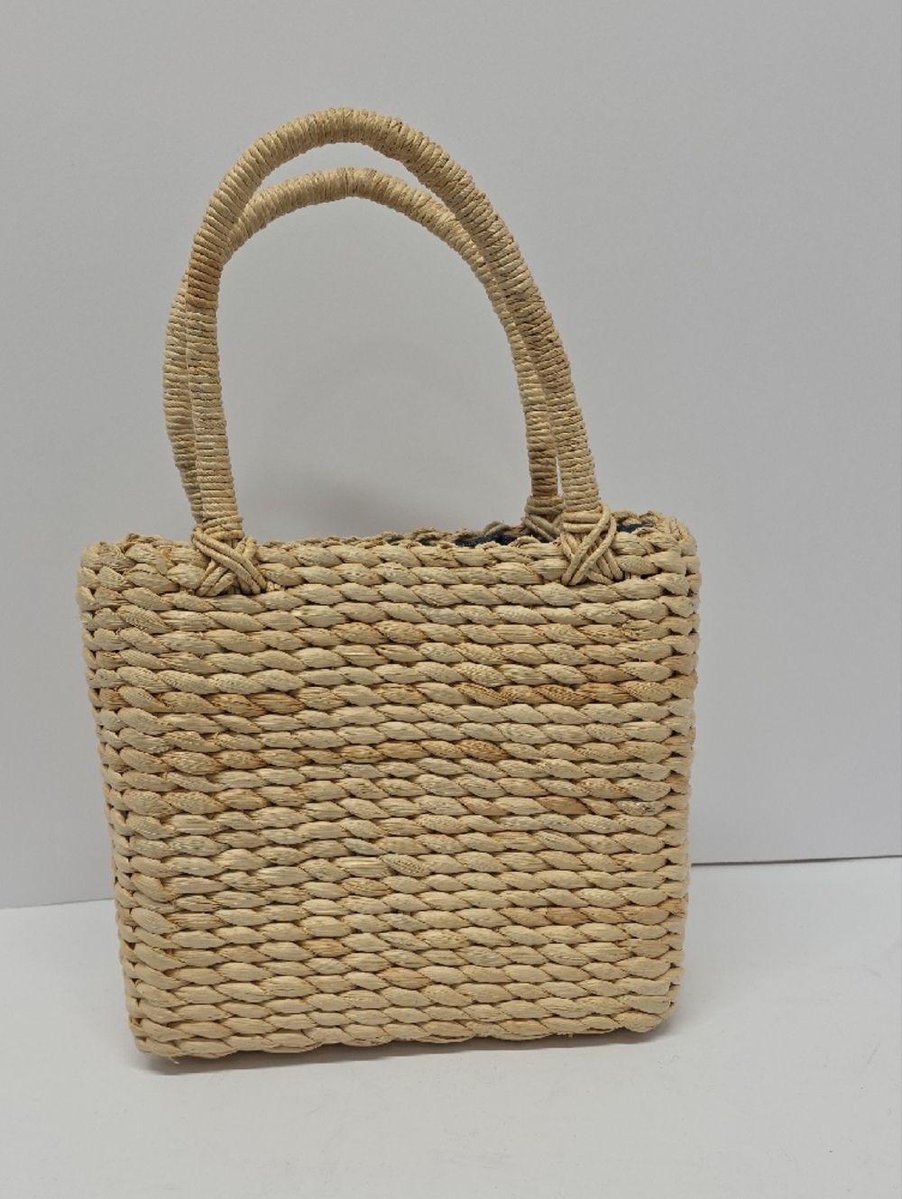 Woven Straw Bag with Blue Floral Accent-*Flaw Inside Side Pkt Zipper/fabric - Picture 2 of 9